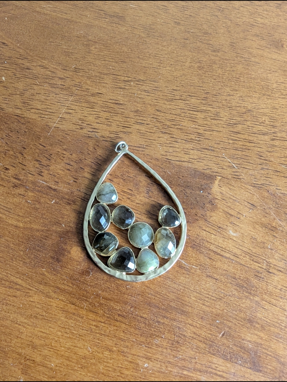 Source Unknown Gold Teardrop Pendant with Green and Gray Stones